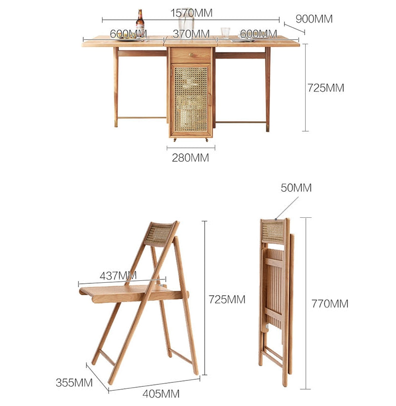 Nydia Foldable Dining Table Set With Storage, Rattan, Solid Wood-Weilai Concept-Weilai Concept