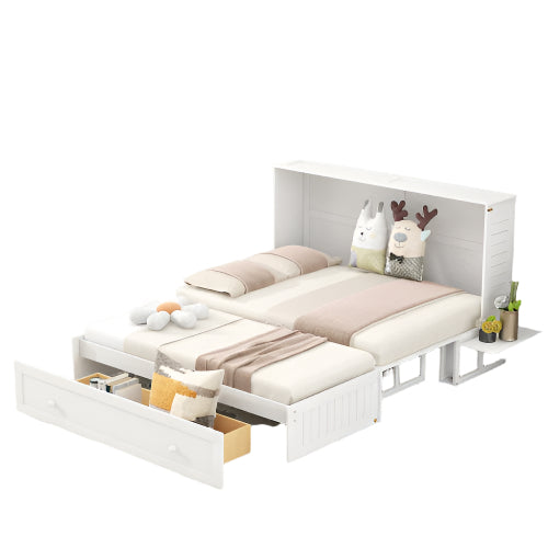 Queen Size Mobile Murphy Bed With Drawer And Little Shelves On Each Side,White