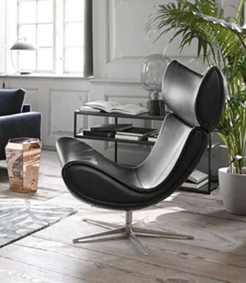 Imola Chair And Ottoman, Star Legs & Black Leather