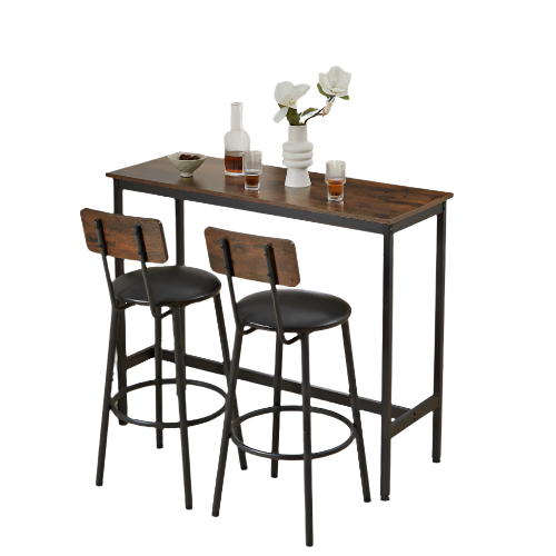 Bar Table Set With 2 Bar Stools PU Soft Seat With Backrest, Rustic Brown