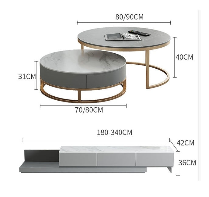 Lvinta Grey Round Nesting Coffee Table, Gold Base-Weilai Concept-Weilai Concept