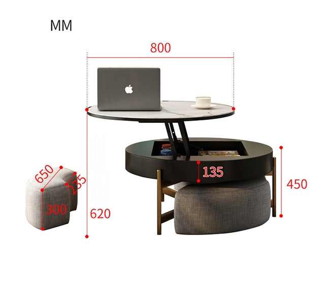 Josiah Round Lift-Top Coffee Table With 3 Small Benches, Linen-Weilai Concept-Weilai Concept