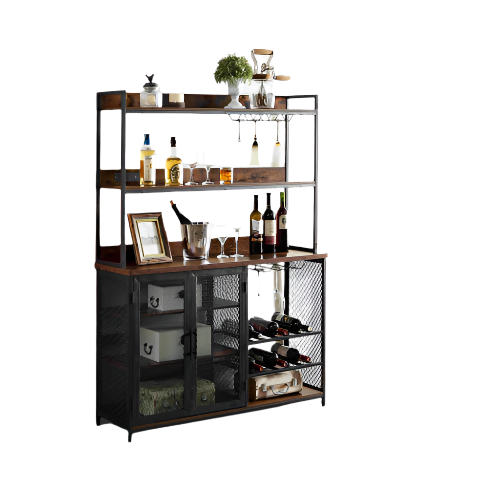 Coffee Bar Cabinet With Power Outlet, 3 Floor Wine Cooler Bar Counter For Home, Dining Room, Kitchen, Vintage Brown