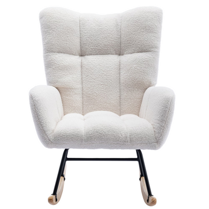 Rocking Chair With Pocket, Soft Teddy Fabric Rocking Chair For Nursery, Comfy Wingback Golider Rocking Chair With Safe Solid Wood Base For Living Room Bedroom Balcony