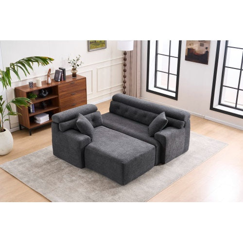 LY-029B WHITE COMPRESSION SOFA Combining Chaise Lounge With 3-seater  Wood Grain Chenille Fabric, Full Sponge Compression Sofa,combined Sofa With 2 Pillows For Living Home Furniture