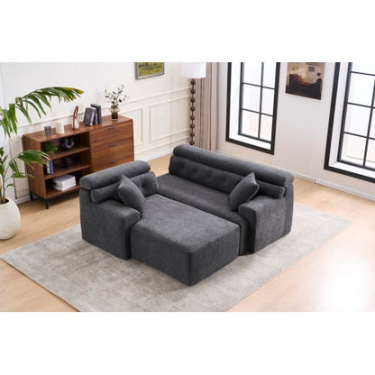 LY-029B WHITE COMPRESSION SOFA Combining Chaise Lounge With 3-seater  Wood Grain Chenille Fabric, Full Sponge Compression Sofa,combined Sofa With 2 Pillows For Living Home Furniture