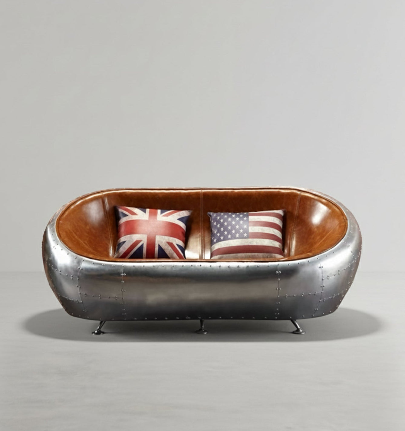 aviator airplane tub two seater sofa, aluminum loveseat in modern living room