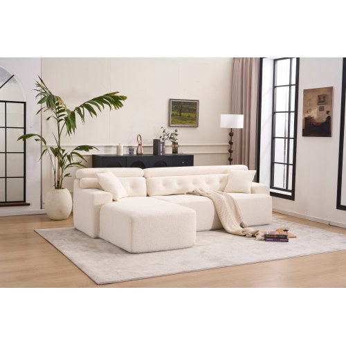LY-029B WHITE COMPRESSION SOFA Combining Chaise Lounge With 3-seater  Wood Grain Chenille Fabric, Full Sponge Compression Sofa,combined Sofa With 2 Pillows For Living Home Furniture