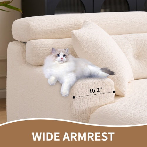 LY-029B WHITE COMPRESSION SOFA Combining Chaise Lounge With 3-seater  Wood Grain Chenille Fabric, Full Sponge Compression Sofa,combined Sofa With 2 Pillows For Living Home Furniture