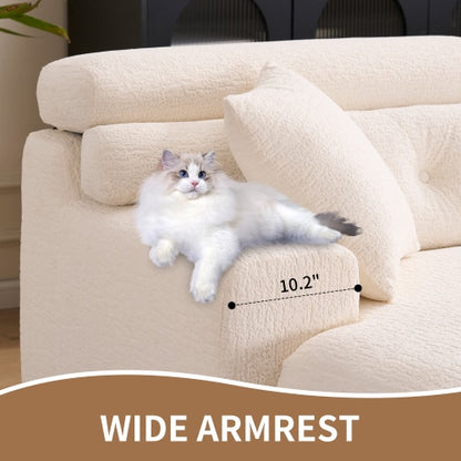 LY-029B WHITE COMPRESSION SOFA Combining Chaise Lounge With 3-seater  Wood Grain Chenille Fabric, Full Sponge Compression Sofa,combined Sofa With 2 Pillows For Living Home Furniture