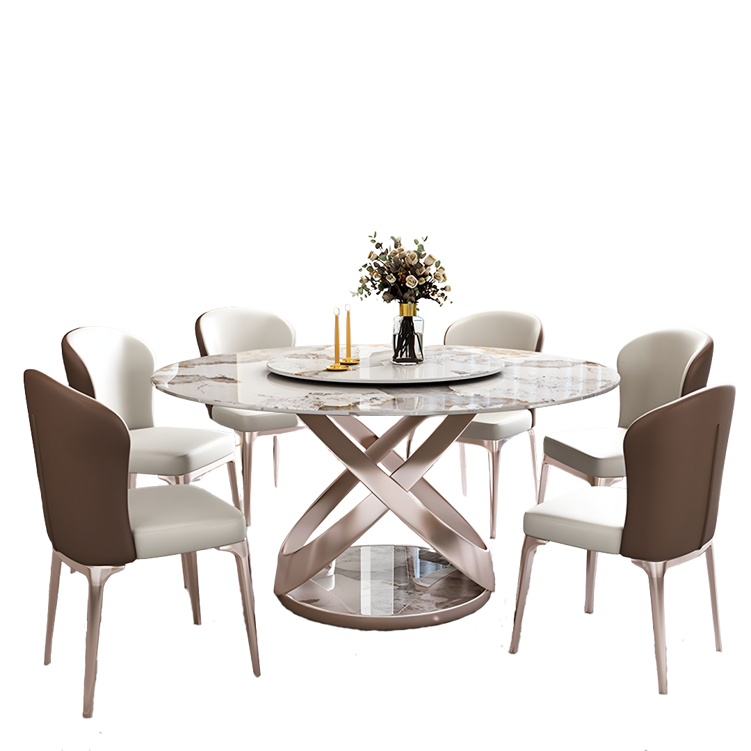 androme round dining table & chairs, with rotatable tray in dining room