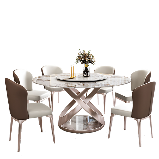 androme round dining table & chairs, with rotatable tray in dining room