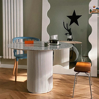 Cracky White Round Dining Table, Premium Terrazzo And Wood Base-Weilai Concept-Weilai Concept
