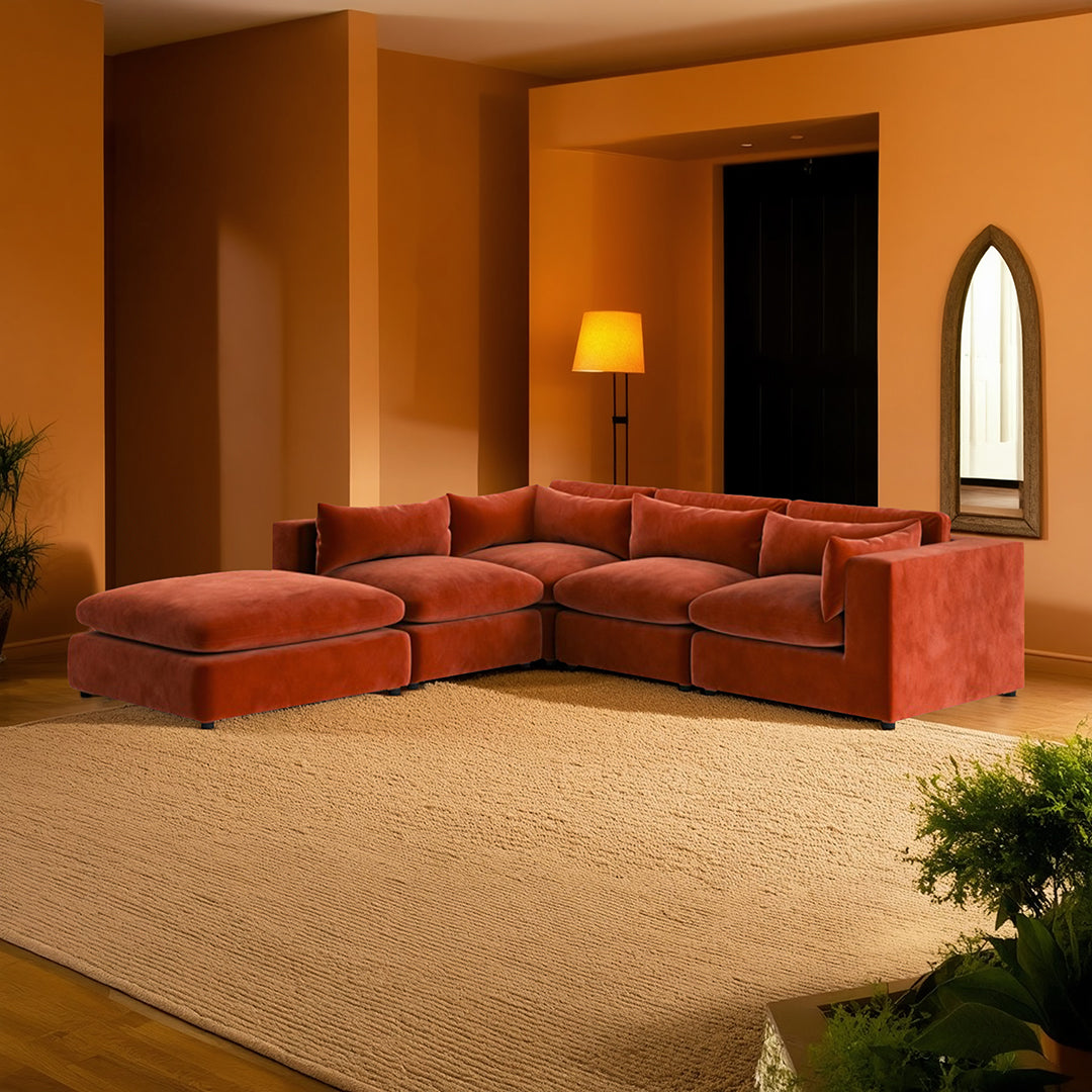 Ranjan Three Seater Corner Sofa, Red Velvet