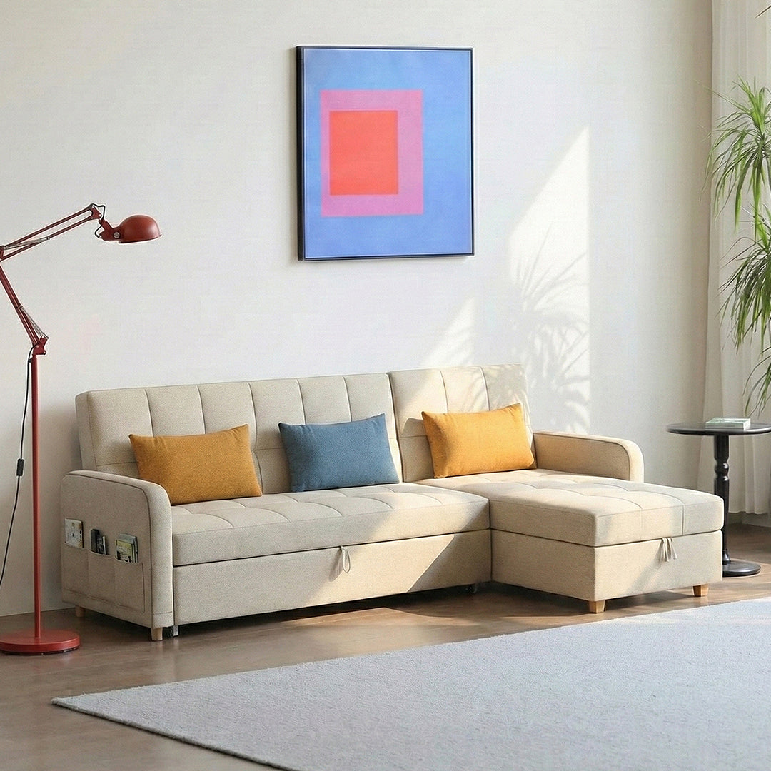 ML203 Three Seater Sofa Bed, L Shape Sofa Bed With Storage, Linen
