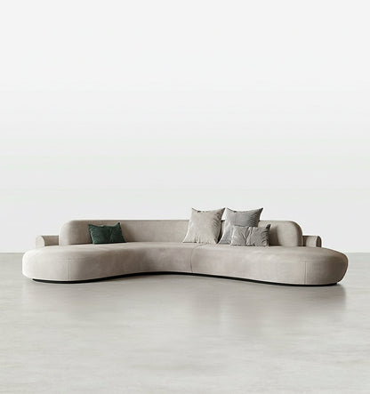cosima grey four seater, five seater curved sofa, long sofa suedue in modern living room