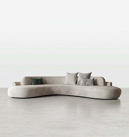 cosima grey four seater, five seater curved sofa, long sofa suedue in modern living room