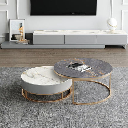 Lvinta Grey Round Nesting Coffee Table, Gold Base-Weilai Concept-Option A ( White + Grey ) With Gold Base-70cm+80cm-Weilai Concept