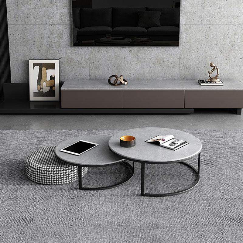 Lvinta Grey Round Nesting Coffee Table, Gold Base-Weilai Concept-Option D ( Both Black ) With Gold Base-70cm+80cm-Weilai Concept