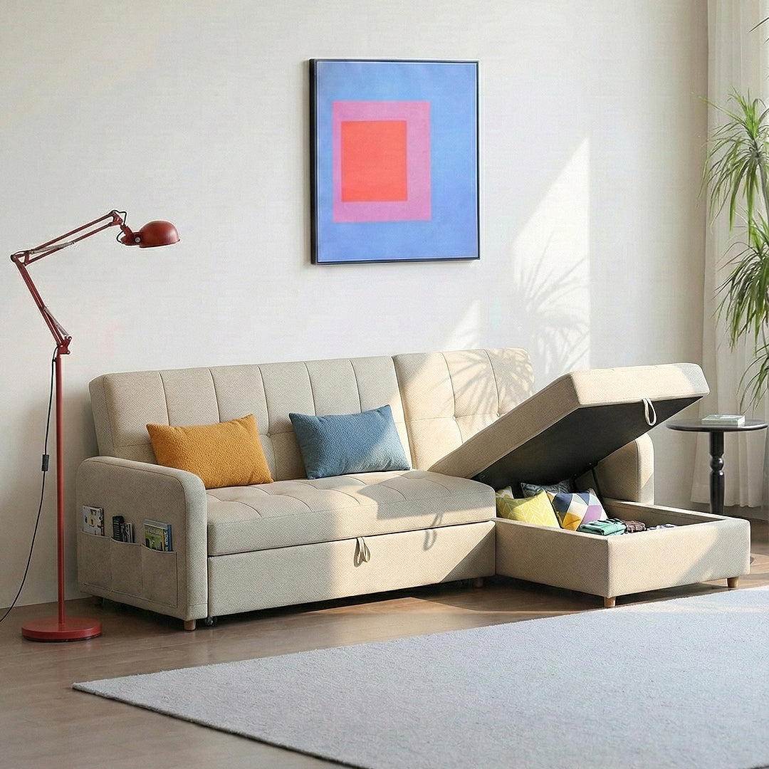 ML203 Three Seater Sofa Bed, L Shape Sofa Bed With Storage, Linen