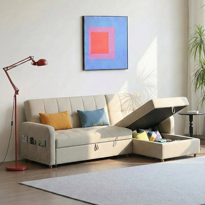 ML203 Three Seater Sofa Bed, L Shape Sofa Bed With Storage, Linen