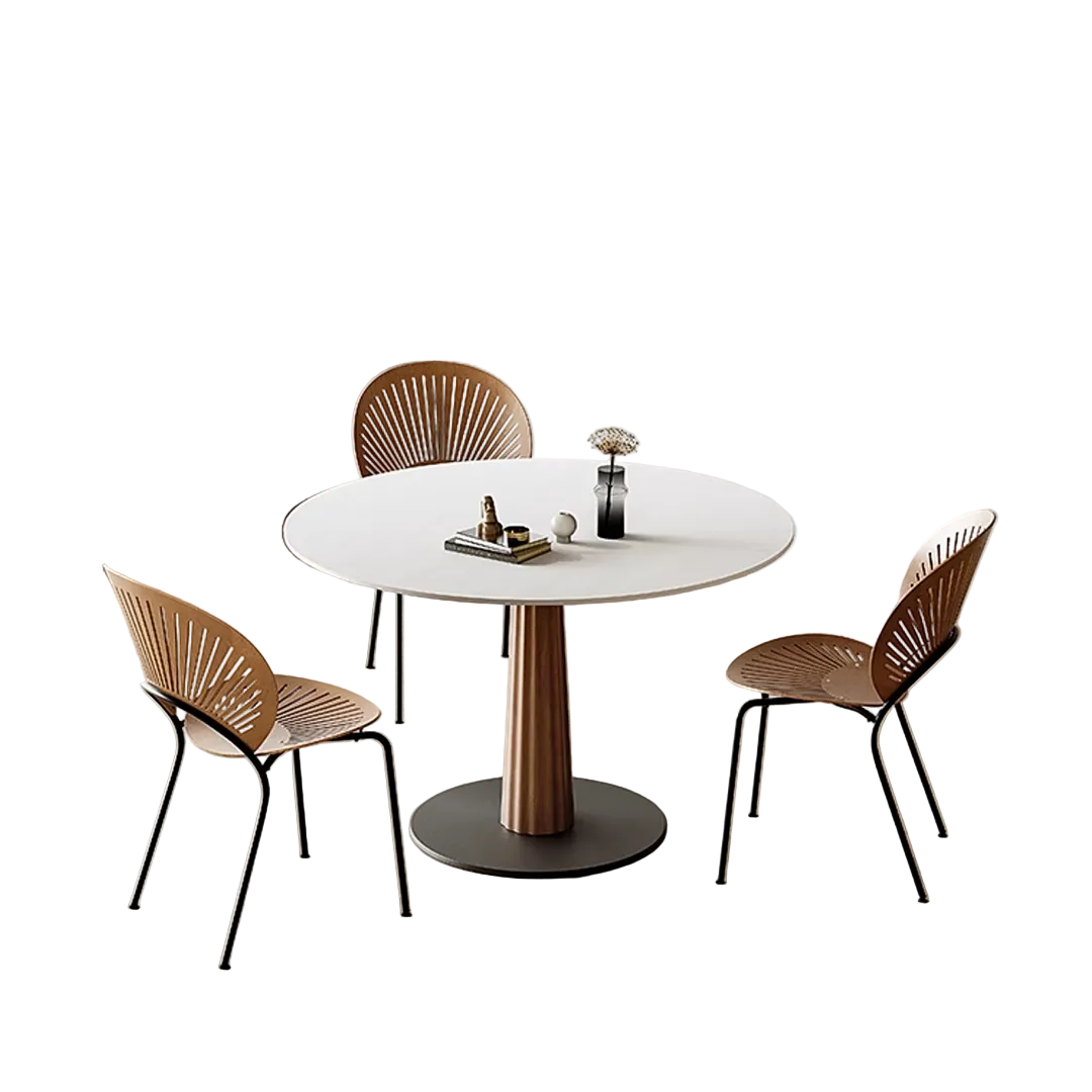 anderson small round dining table, sintered stone & solid wood in dining room