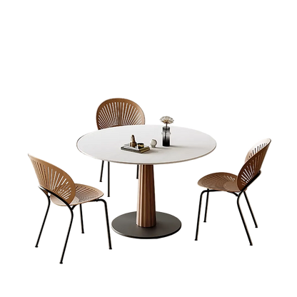 anderson small round dining table, sintered stone & solid wood in dining room