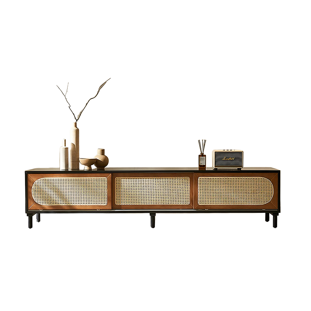 dogon rattan tv stand, black, solid wood tv stand in living room