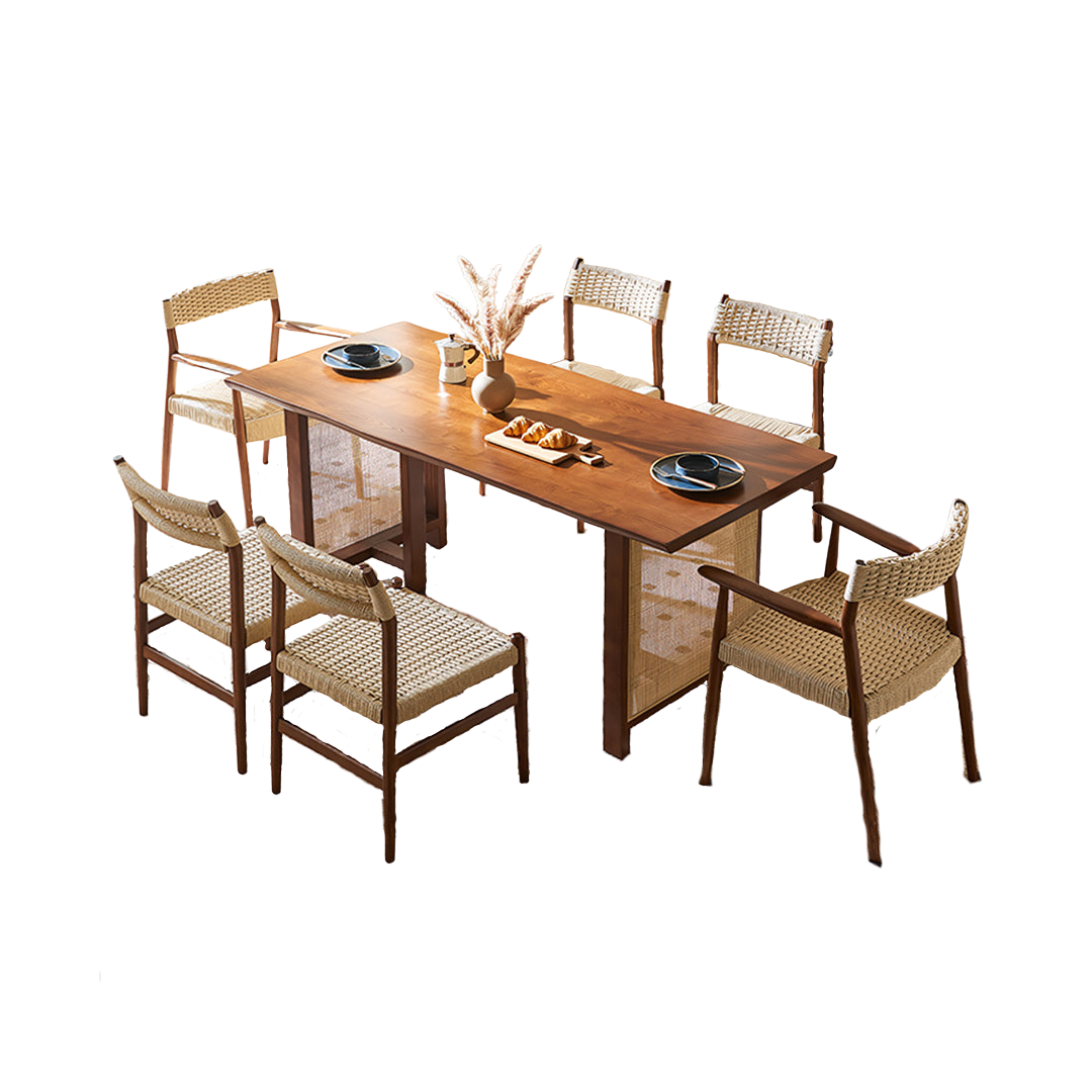 fuchs dining table, solid wood & rattan, dark oak in dining room