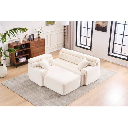 LY-029B WHITE COMPRESSION SOFA Combining Chaise Lounge With 3-seater  Wood Grain Chenille Fabric, Full Sponge Compression Sofa,combined Sofa With 2 Pillows For Living Home Furniture