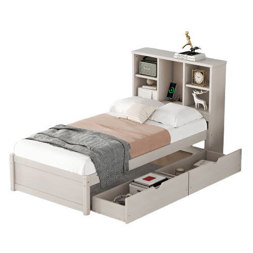 Modern Twin Size Bed Frame With Built-in USB Port On Bookcase Headboard And 2 Drawers For White Washed Color