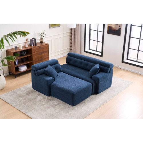 LY-029B WHITE COMPRESSION SOFA Combining Chaise Lounge With 3-seater  Wood Grain Chenille Fabric, Full Sponge Compression Sofa,combined Sofa With 2 Pillows For Living Home Furniture