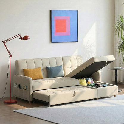 ML203 Three Seater Sofa Bed, L Shape Sofa Bed With Storage, Linen