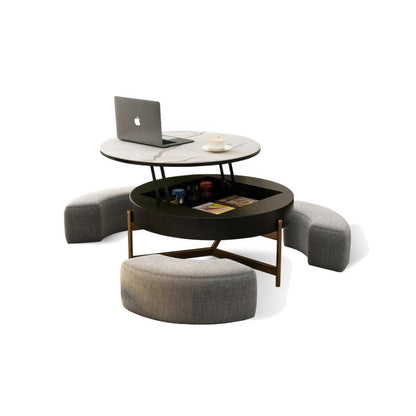 Josiah Round Lift-Top Coffee Table With 3 Small Benches, Linen-Weilai Concept-Weilai Concept