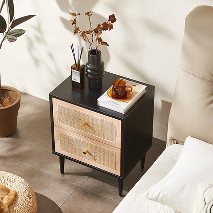 Tsaatan Wood Bedside Table, Rattan, Black-Weilai Concept-Weilai Concept