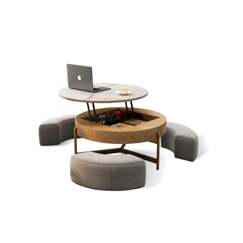 Josiah Round Lift-Top Coffee Table With 3 Small Benches, Linen-Weilai Concept-Weilai Concept