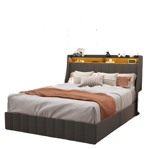 Queen Size Bed Frame With LED, 4 Under-bed Portable Storage Drawers, Wings Headboard Design