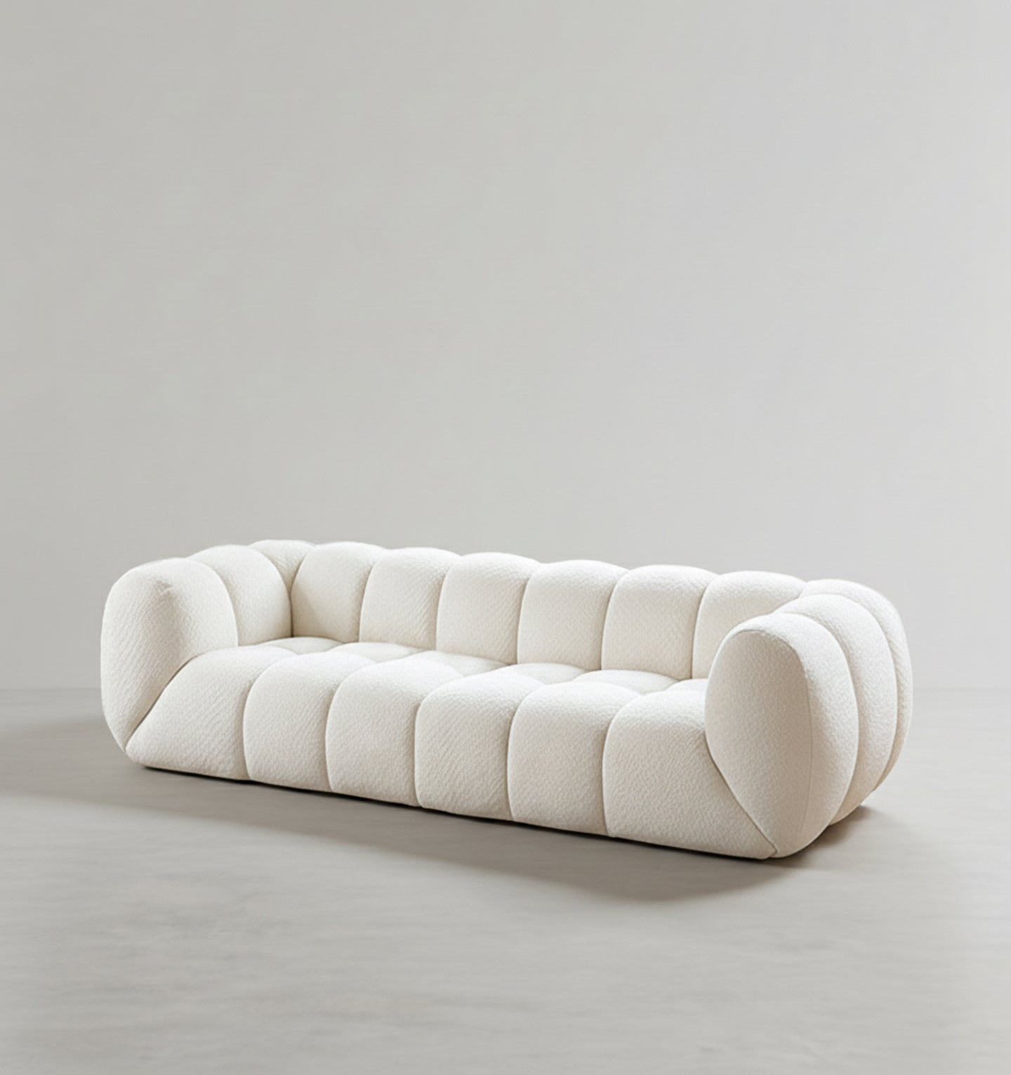 randee bobo three seater sofa, white boucle in modern living room