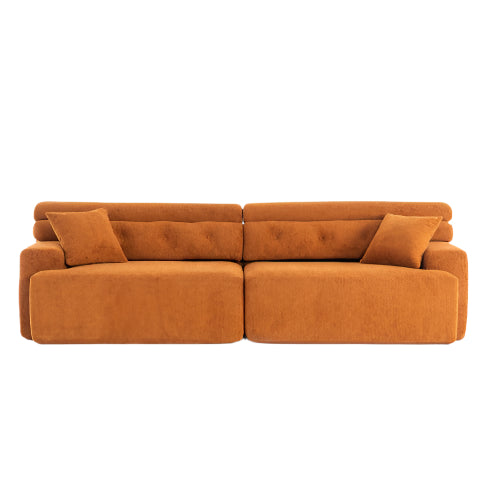 LY-029 ORANGE COMPRESSION SOFA 4-seater Combined Sofa, Wood Grain Chenille Fabric, Full Sponge Compression Sofa,combined Sofa With 2 Pillows For Living  Home Furniture  Apartment