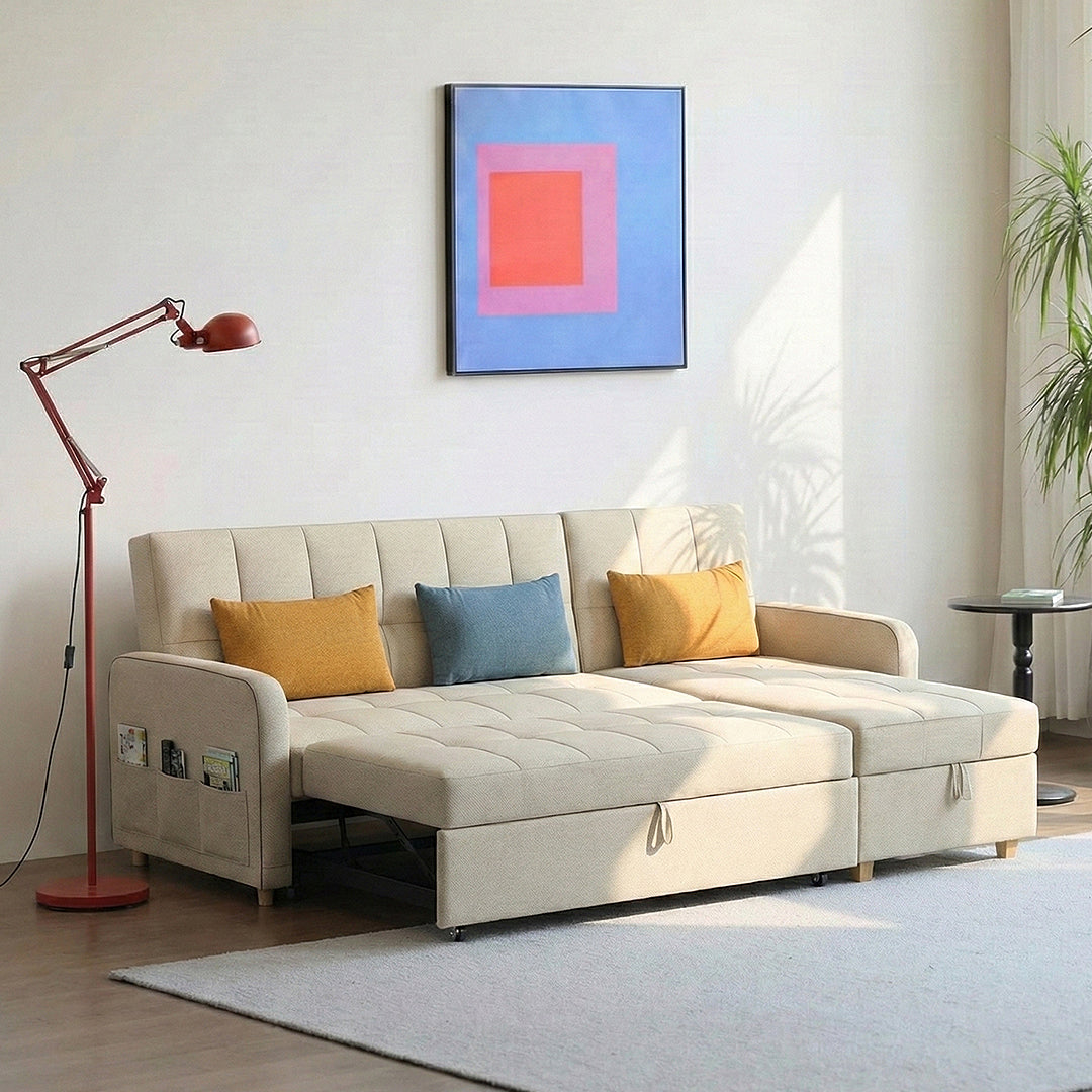 ML203 Three Seater Sofa Bed, L Shape Sofa Bed With Storage, Linen