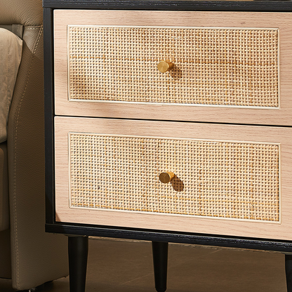Tsaatan Wood Bedside Table, Rattan, Black-Weilai Concept-Weilai Concept