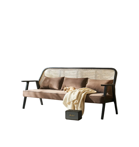 morris rattan two seater, three seater sofa in modern living room