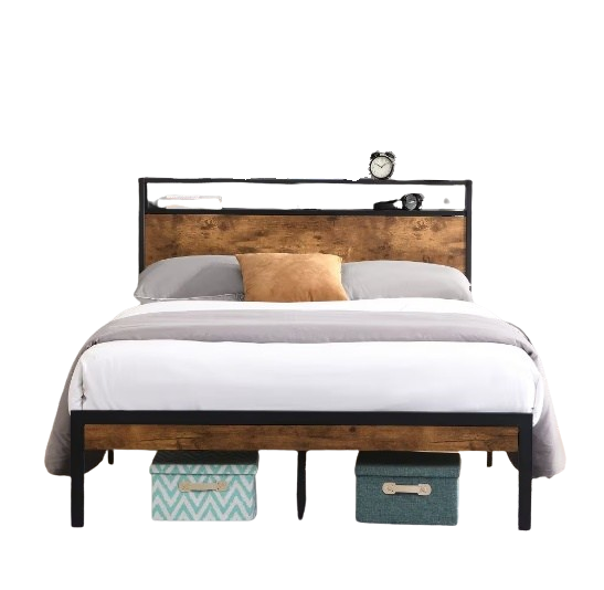 Queen Size Metal Platform Bed Frame With Wooden Headboard And Footboard With USB LINER
