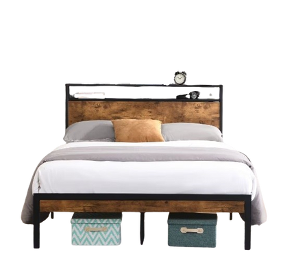 Queen Size Metal Platform Bed Frame With Wooden Headboard And Footboard With USB LINER