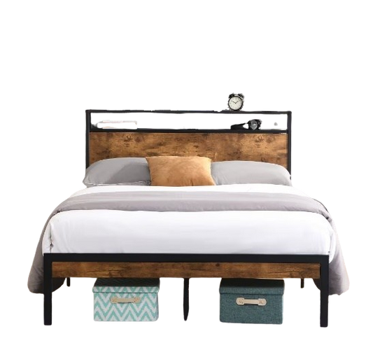 Queen Size Metal Platform Bed Frame With Wooden Headboard And Footboard With USB LINER
