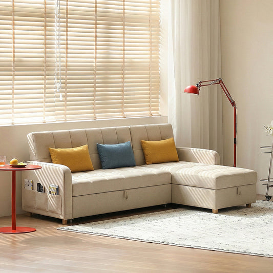 ml203 three seater sofa bed, l shape sofa bed with storage, linen in modern living room