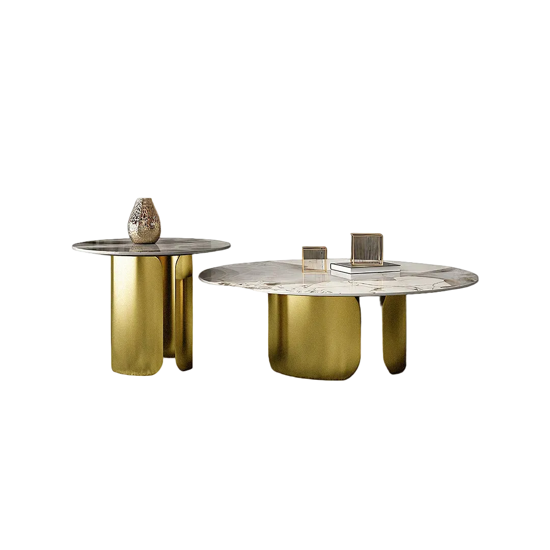 amina nesting coffee table set, gold base, sintered stone coffee table in living room