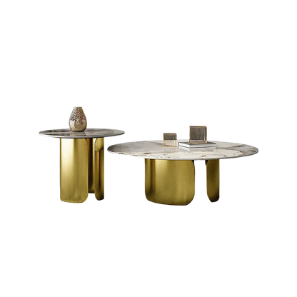 amina nesting coffee table set, gold base, sintered stone coffee table in living room