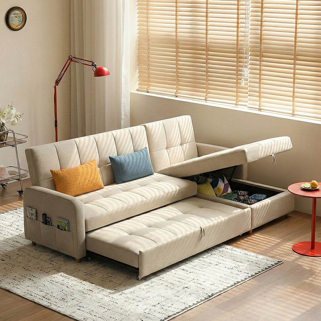ML203 Three Seater Sofa Bed, L Shape Sofa Bed With Storage, Linen