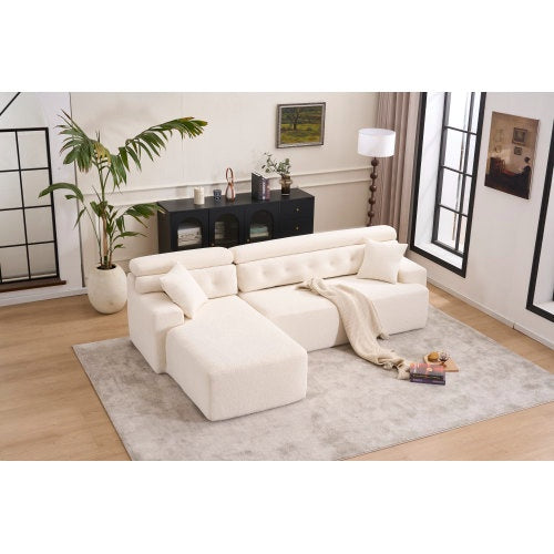 LY-029B WHITE COMPRESSION SOFA Combining Chaise Lounge With 3-seater  Wood Grain Chenille Fabric, Full Sponge Compression Sofa,combined Sofa With 2 Pillows For Living Home Furniture